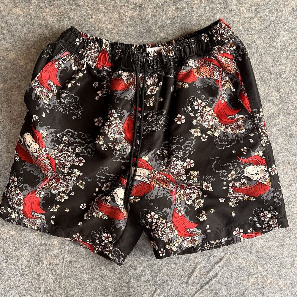 Absent Swim Shorts Mens Large Black Lined Japanese Koi Peonies Drawstring Pocket